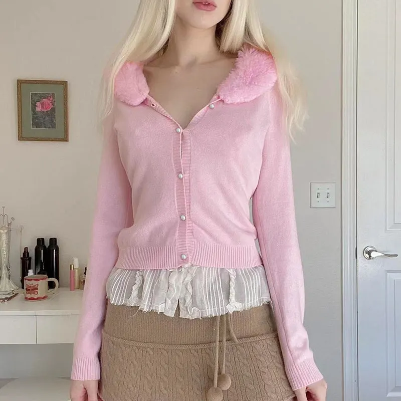 Maxct 90s Aesthetic Fur Collar Button Up Cardigan