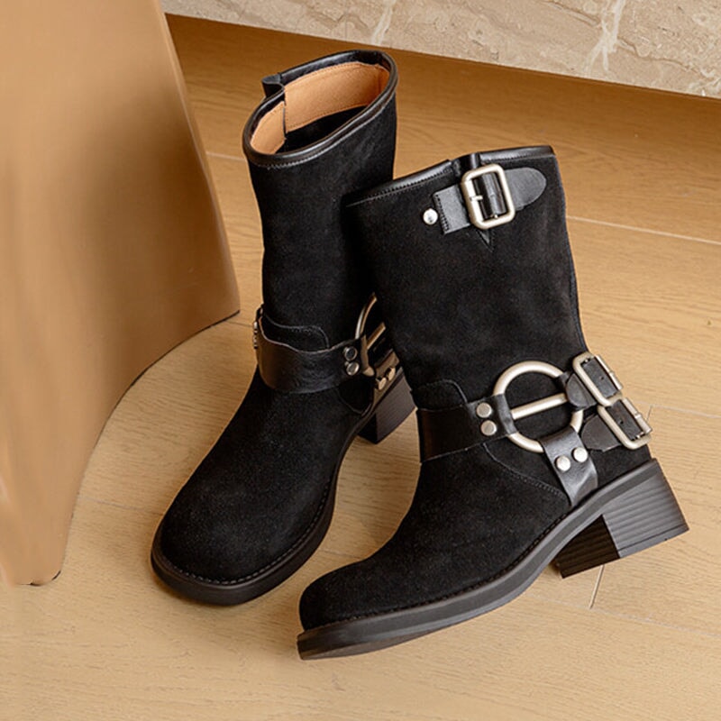 Suede Short Boots Buckle Boots Big Round Toe Maxct