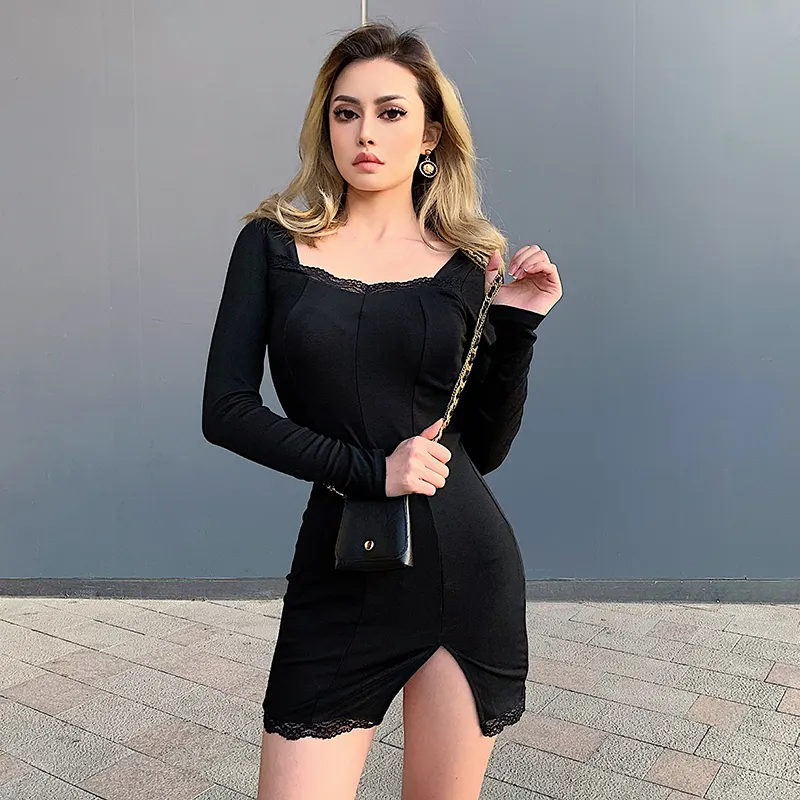 Maxct Autumn Spring Women Sexy Lace Patchwork Long Sleeve Split Dress Hip Package Mini Vestido Party Club Low Chest Outfits Cloth