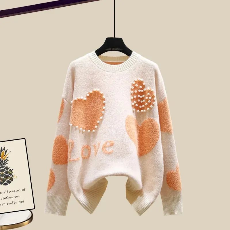 Maxct Lazy Sweater Two Piece set Women Sweet Heart-shaped beaded Pullover Jumper Top + Irregular Striped Skirt Knit 2PCS Sets