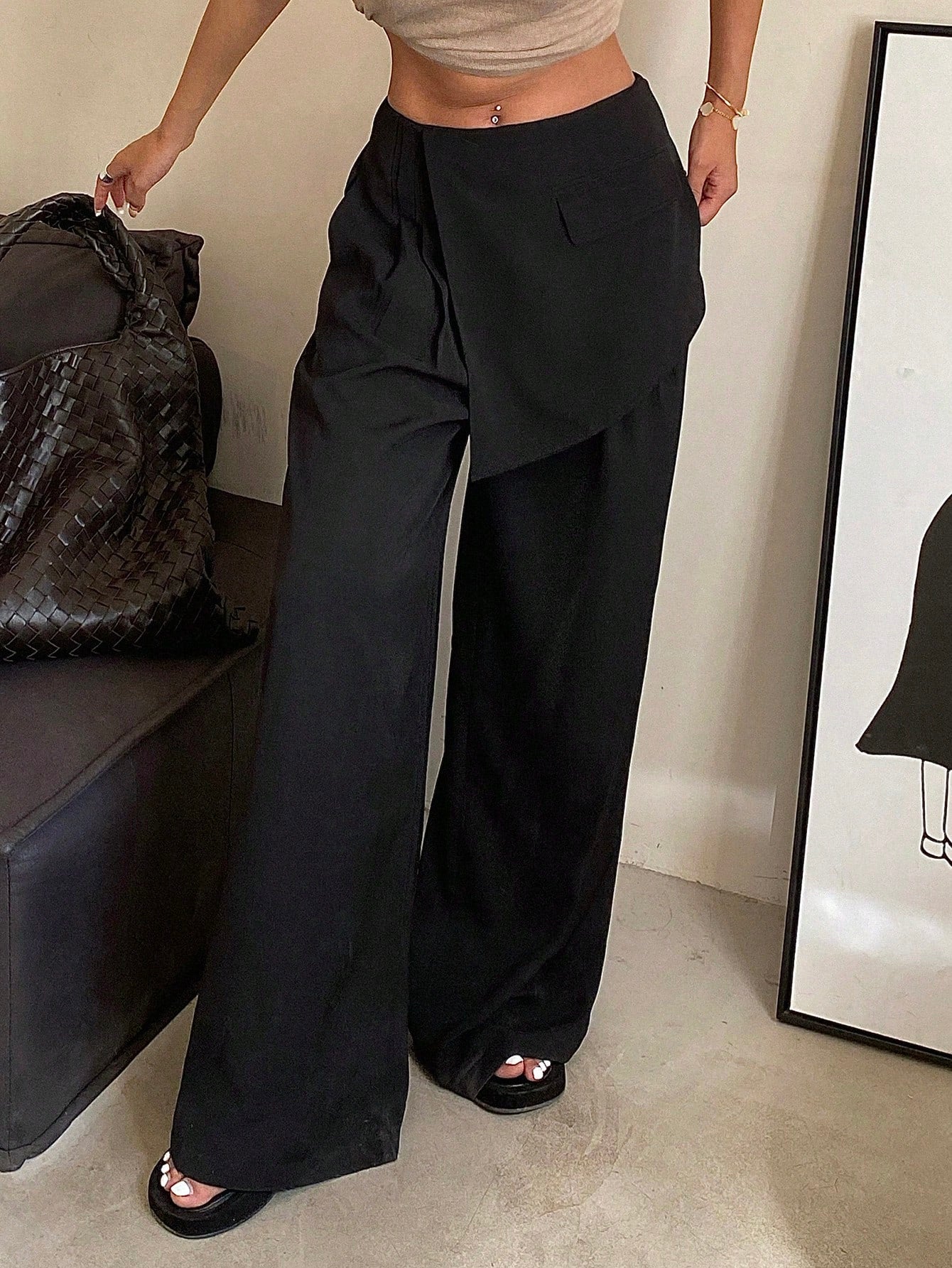 Maxct Solid Color Wide Leg Pants For Women With Loose Fit And Fake Two Piece Design