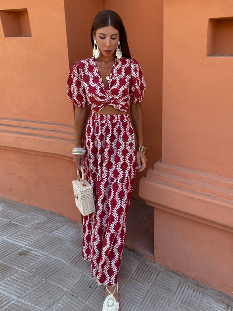 Women's Red Print Cutout Ruffle-Hem Maxi Dress