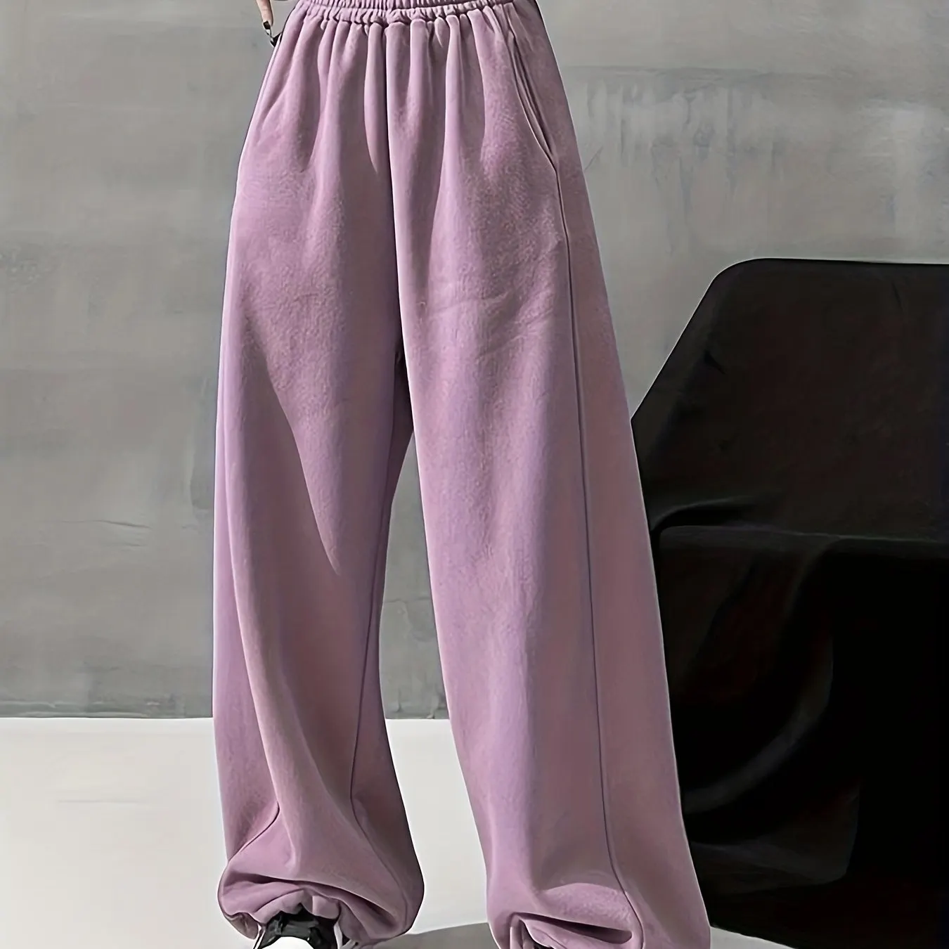 Maxct  Solid Comfy Wide Leg Pants, Casual Elastic Waist Loose Pants With Pocket, Women's Clothing