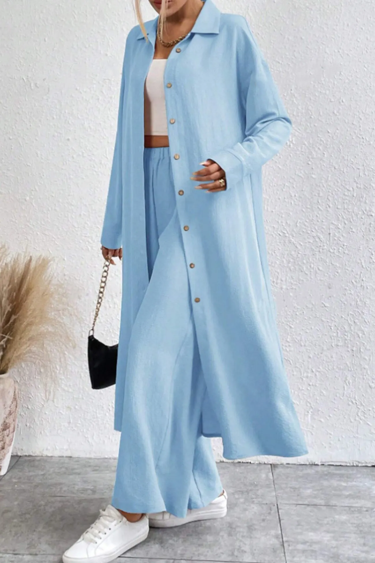Maxct Solid Long Shirt Wide Leg Pants Set
