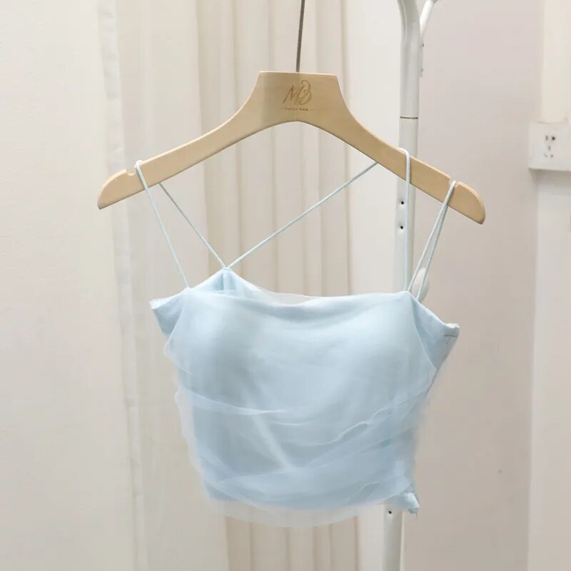 Maxct Mesh Camis Crop Top With Bra Girls Sweet Slim Padded Tube Tops Female Sided Zipper Tank Camisole