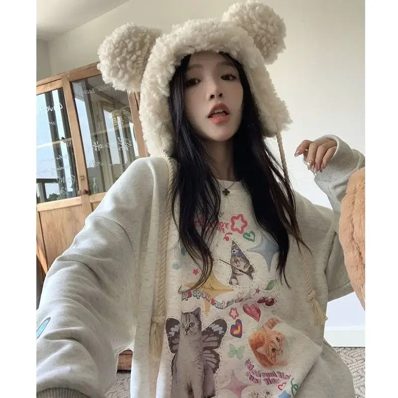 Maxct Kawaii Cat Print Hoodie Women Cutecore Long Sleeve Sweatshirt American Retro E-girl Kitten Angel Graphic Alt Clothes Y2k