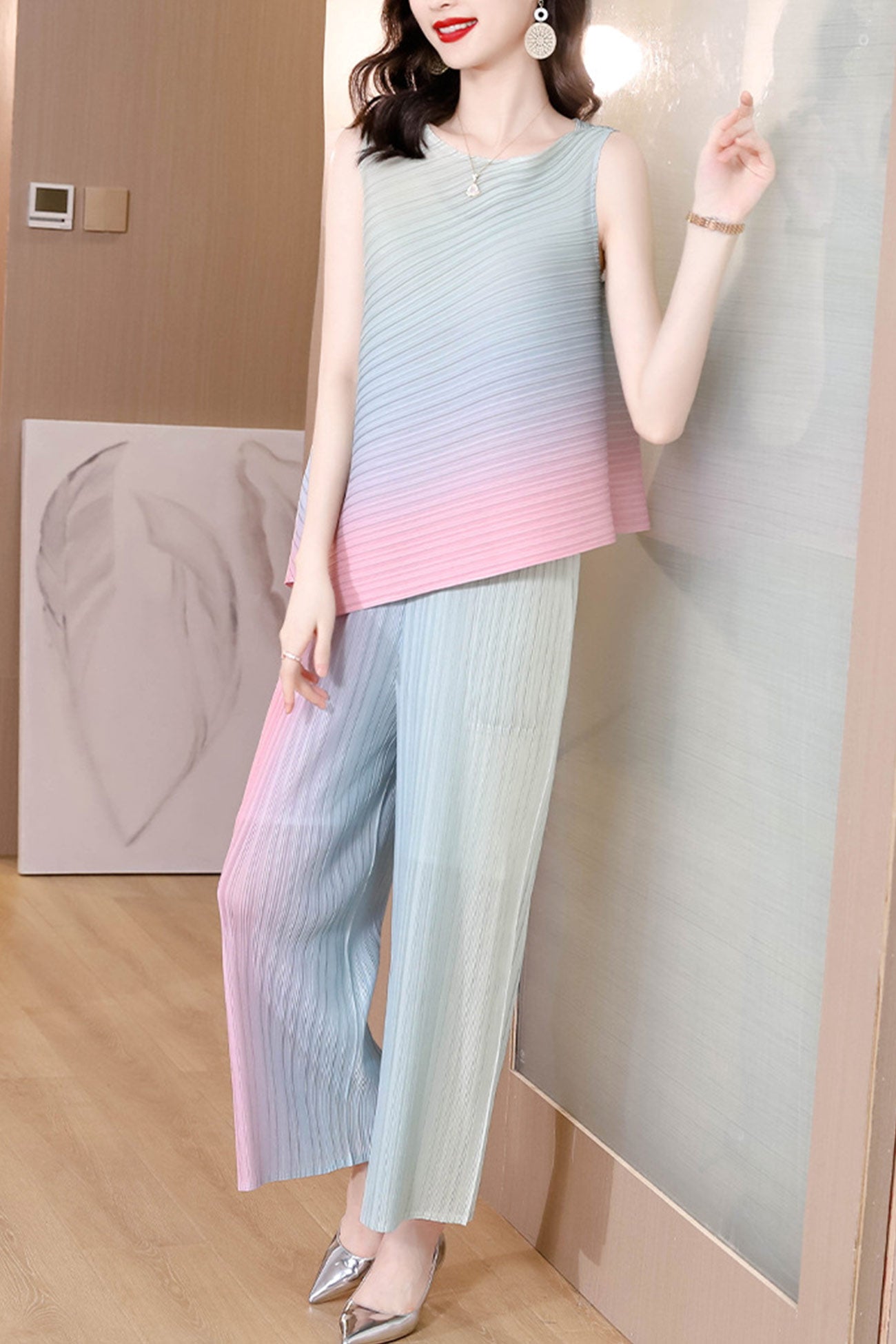 Maxct Gradient Full Pleated Irregular Top & Wide Leg Pants