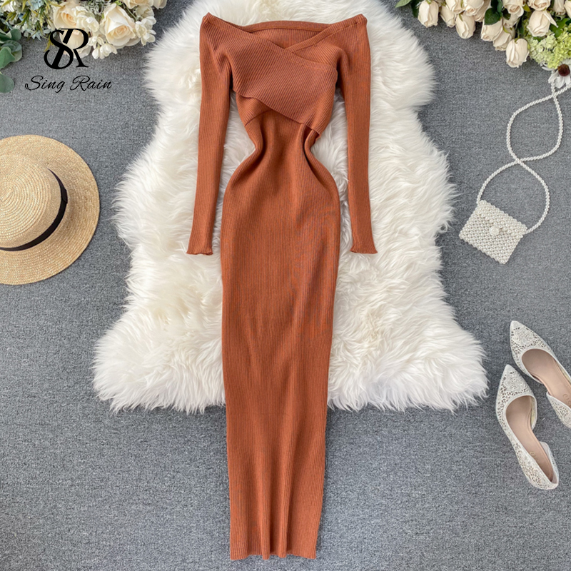 Maxct Slash Neck Knitted Dress Women Sexy Off Shoulder Cross Elastic Warm Dress Autumn Winter Fashion Sweater Bodycon Dress