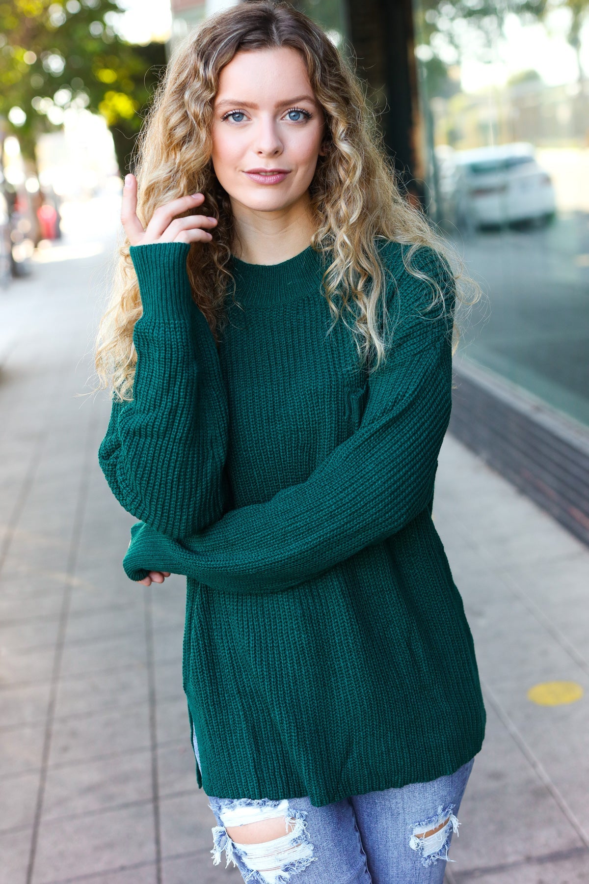 Maxct &Classy Chic Hunter Green Mock Neck Chest Pocket Knit Sweater