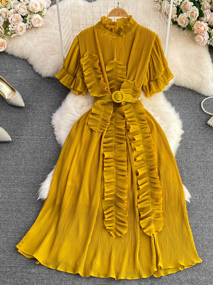 Women's Pleated Midi Dress Purple/Red/White Stand Collar Short Flare Sleeve High Waist A-Line Ruffle Party Vestidos Female