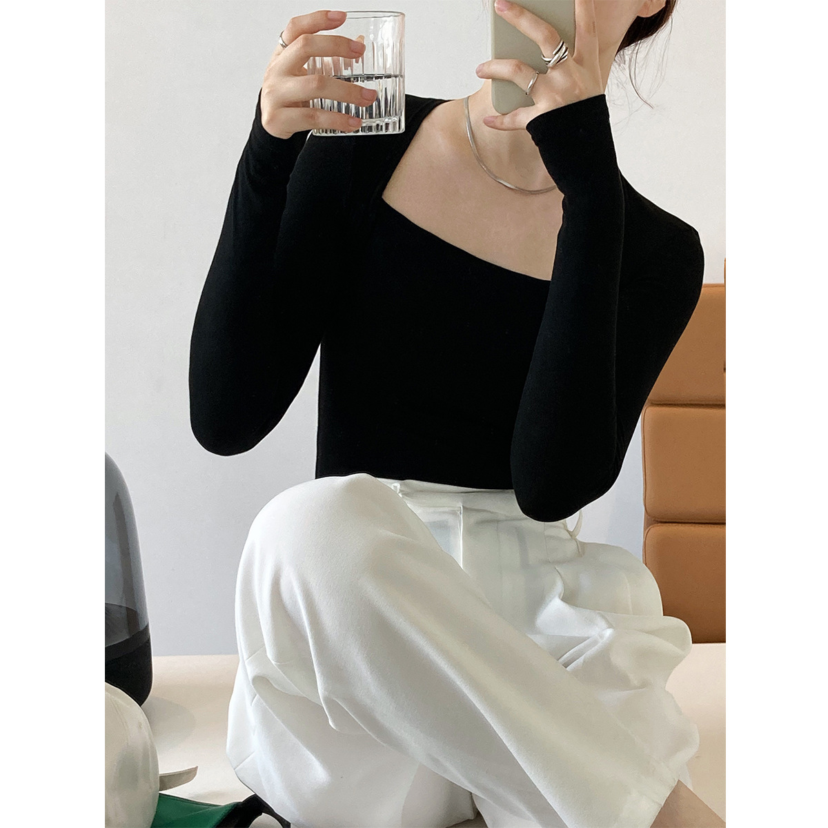 Maxct 2000s fashion Luxi French Style Long Sleeve Square Collar T-shirt Women's Slim Fit Slimming Fake Two-Piece Top Autumn Thin Bottoming Shirt 283