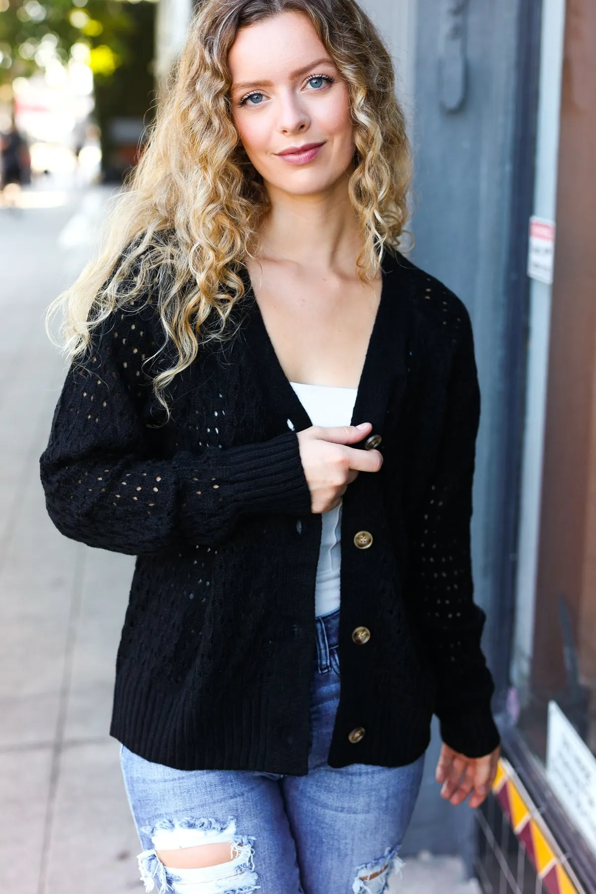 Maxct &Follow Me Black Pointelle Knit Button Down Cardigan