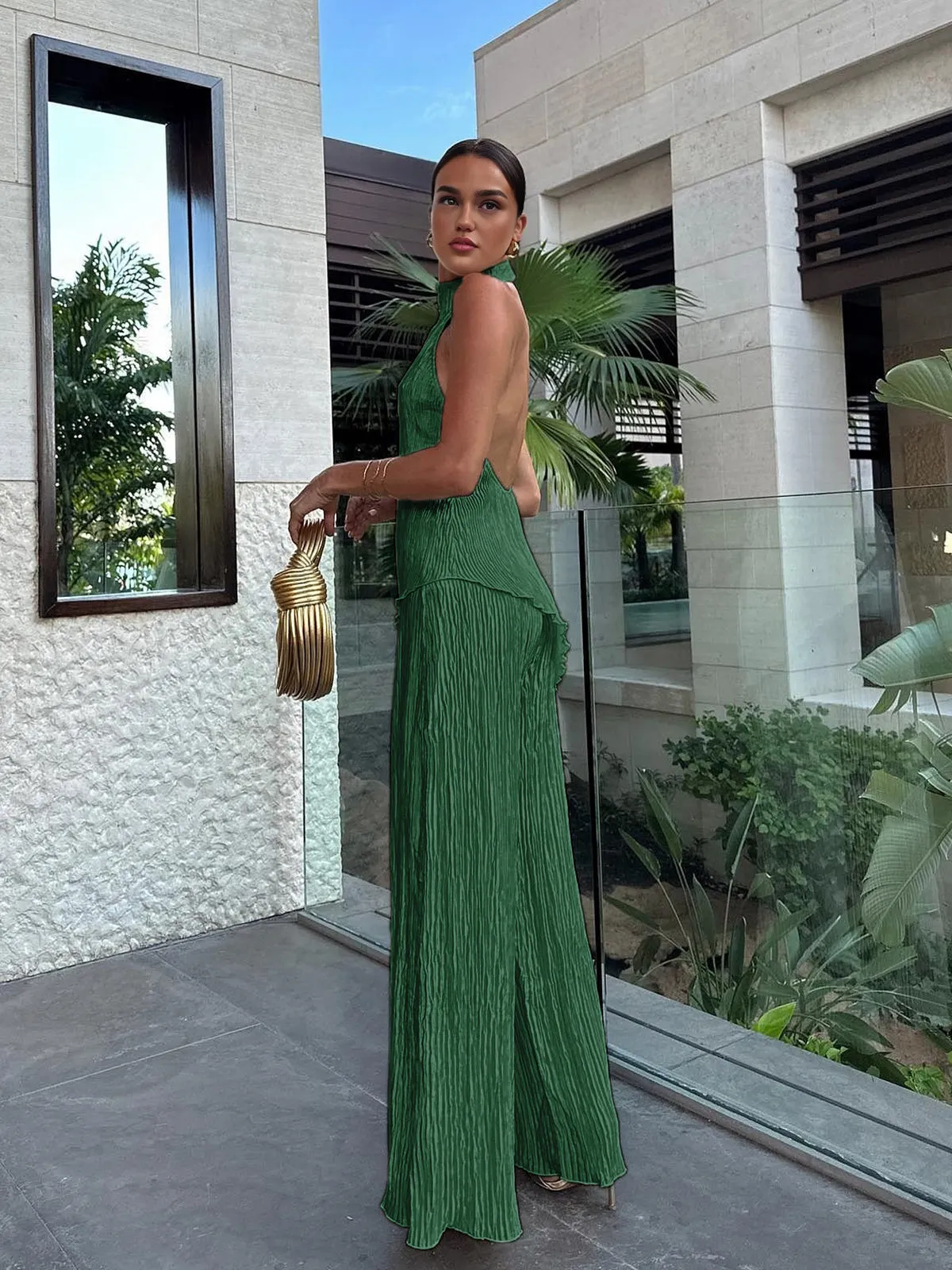 Maxct Asymmetric Halter Crop Top With Wide Leg Pants Set