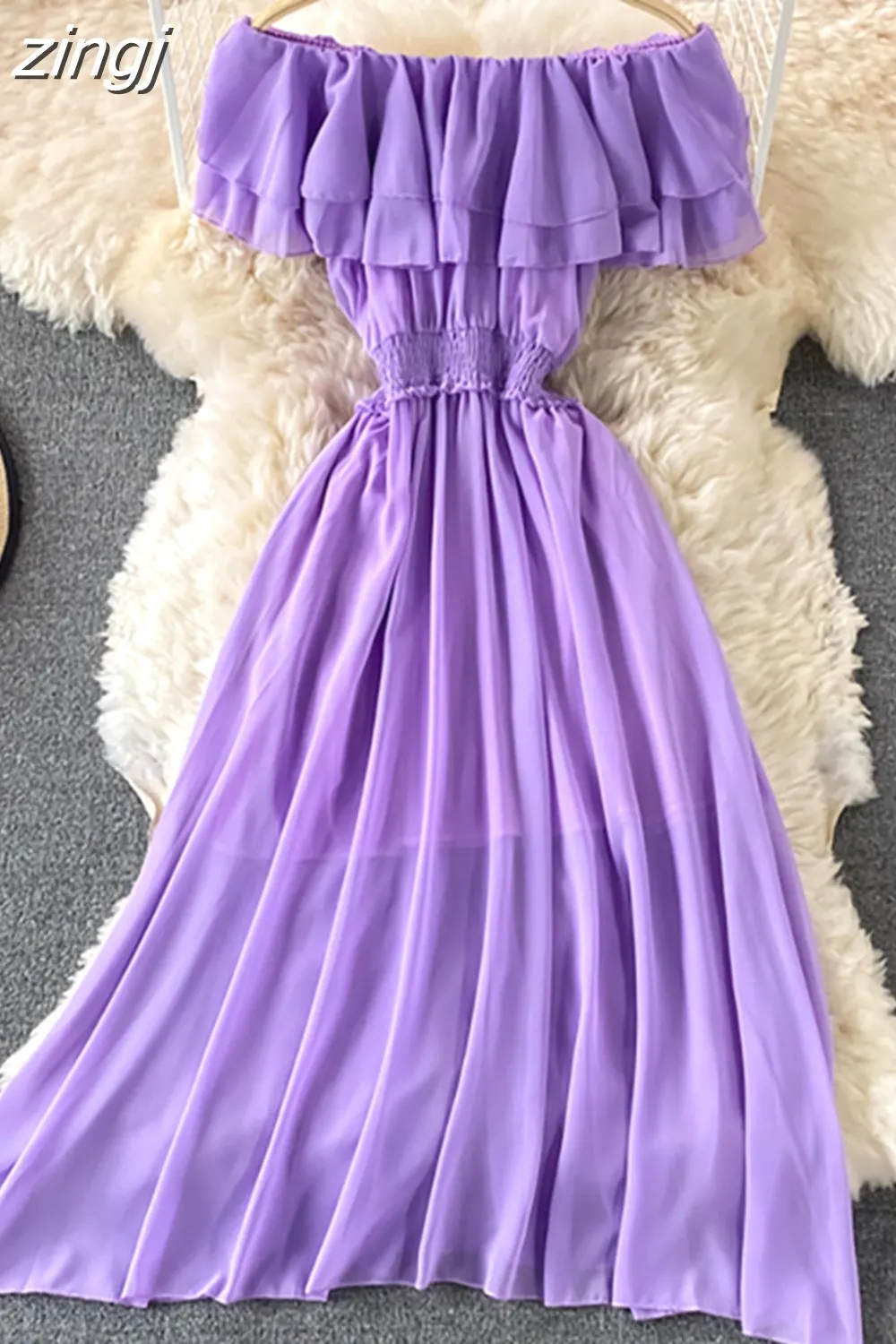 Maxct Chiffon Dress Women Sexy Slash Neck Ruffle Robe Elegant Ruffle High Waist Vestidos Female Beach Vacation New