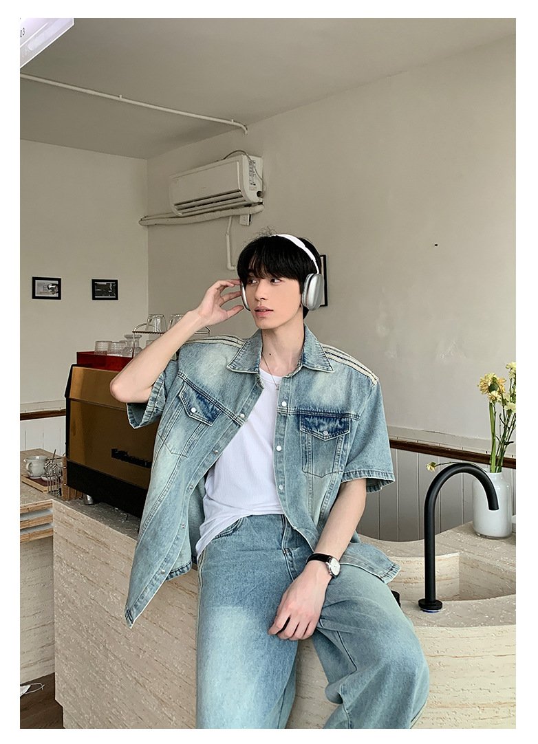 Maxct 90s Streetwear Niche Vintage Washed Padded Shoulder Short Sleeve Denim Shirt Spring And Summer New Korean Style Design Sense Shirt Coat Top - Image 7
