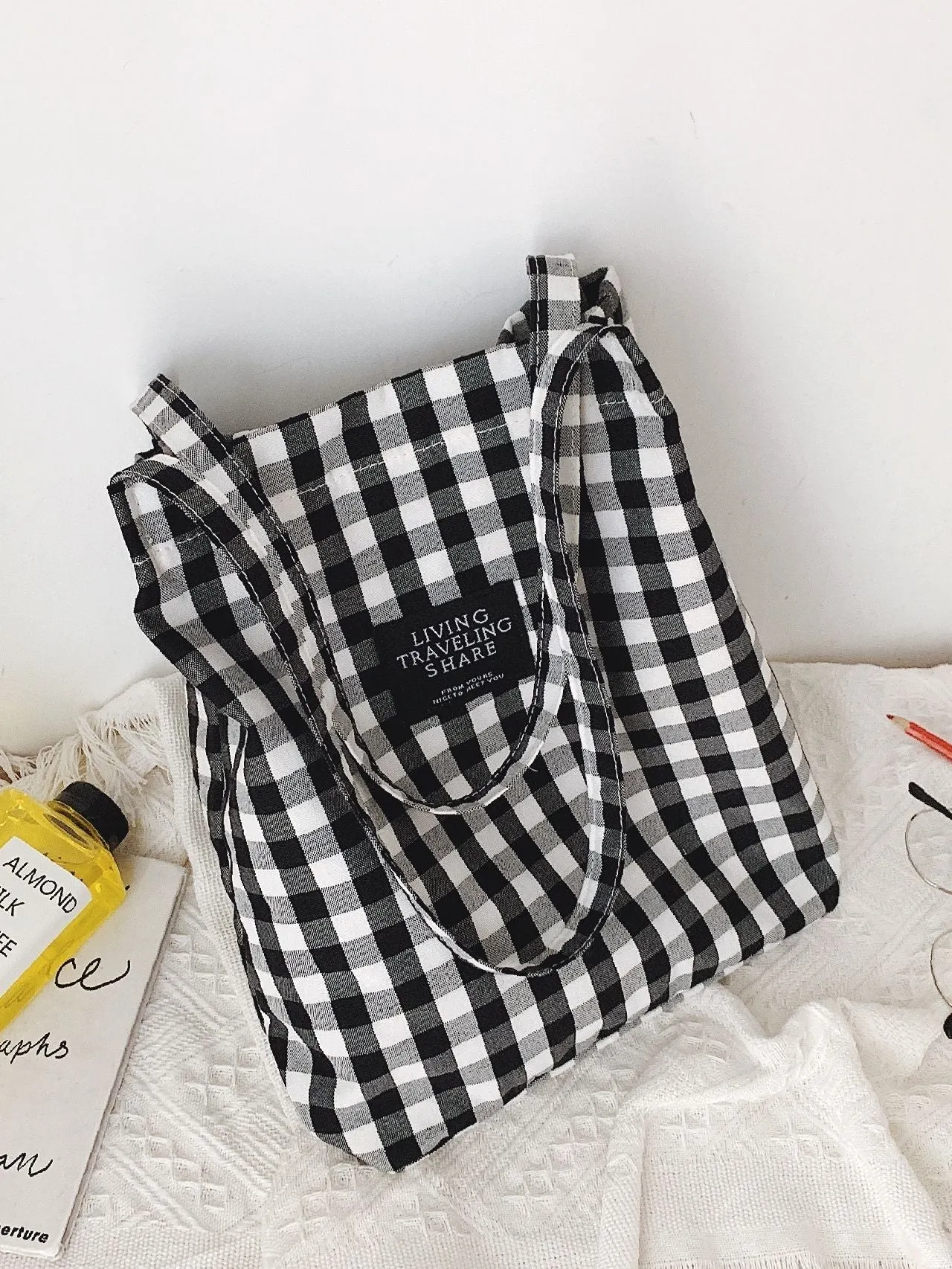 Maxct - Letter Patch Gingham Shopper Bag  - Women Tote Bags