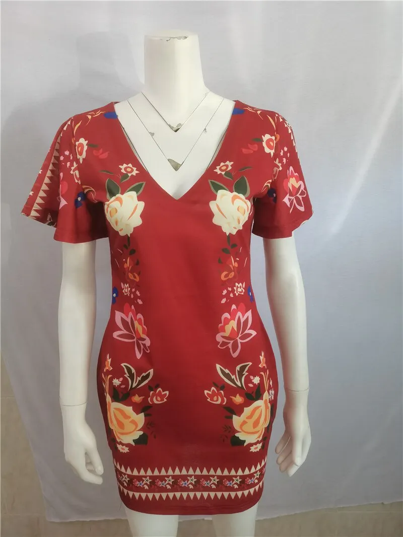 Women's Elegant Dress Vintage Floral Print Ruffles Bodycon Dress for Party Cocktails Casual Mini Dress Vacation Dress
