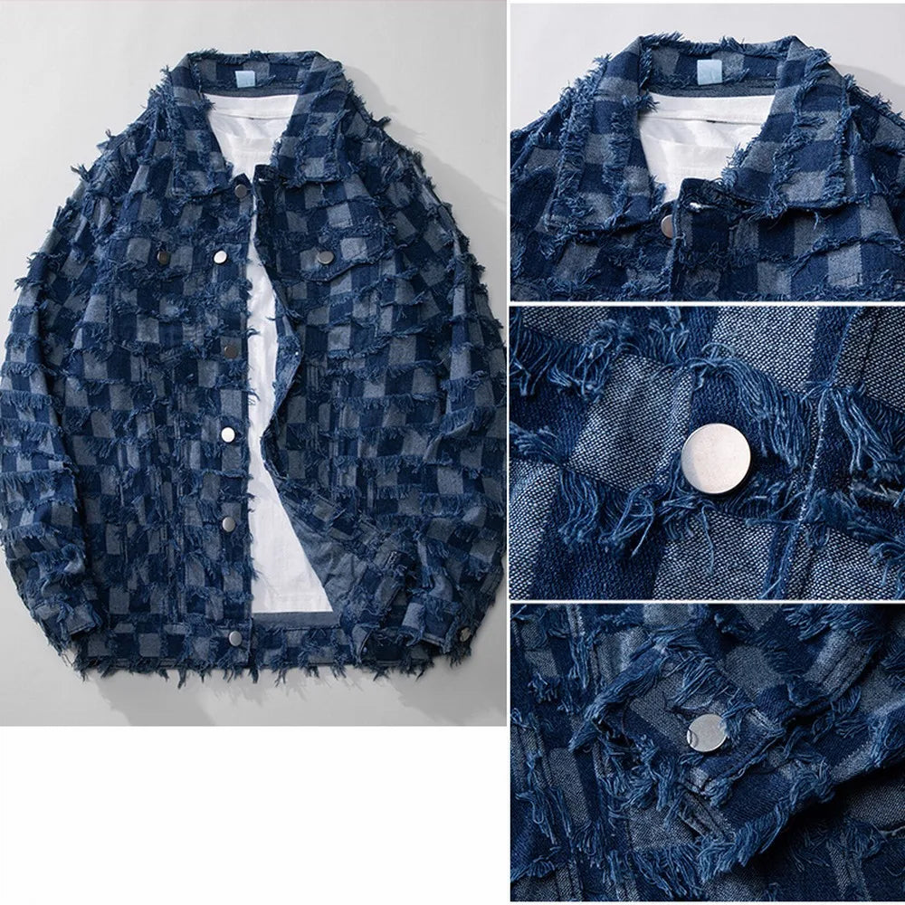 Maxct &Men's Retro Blue Plaid Tassel Denim Jacket