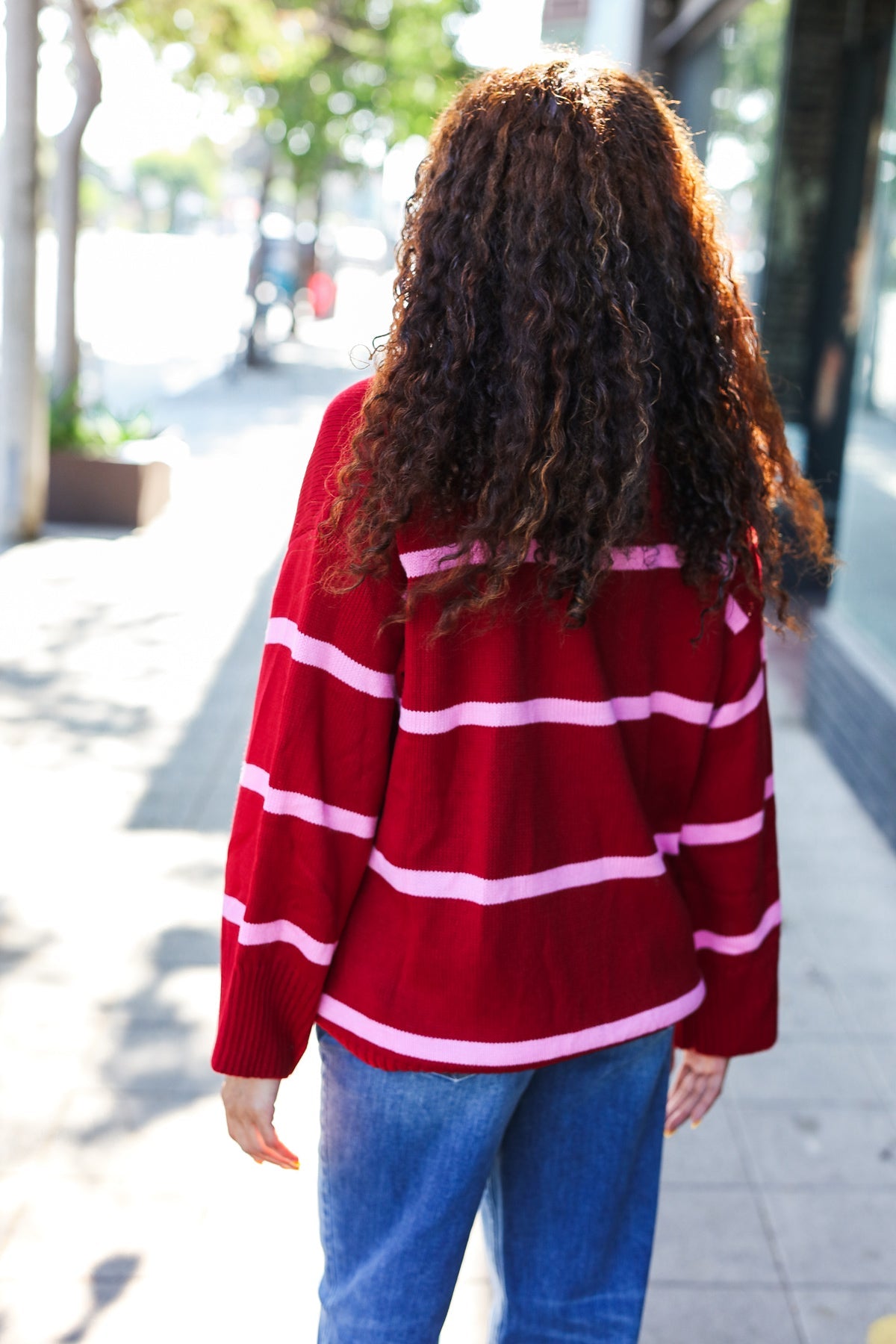 Maxct &Fall For You Crimson Stripe Notched Neck Collared Oversized Sweater