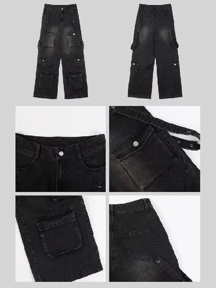 Emo Black Cargo Jeans for Women Maxct