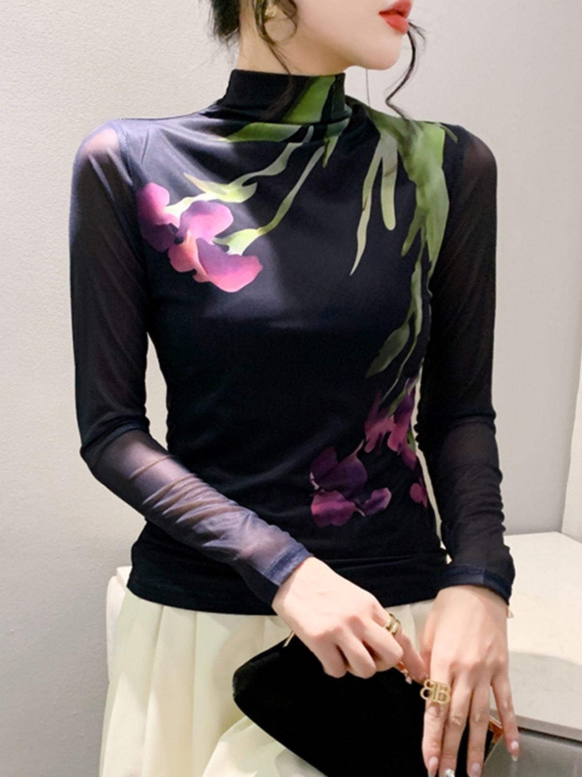 Maxct Printed Positioning Flower Double-Layer Mesh T-shirt Women Stretch Slim Full Sleeve Tees Tops HF8772