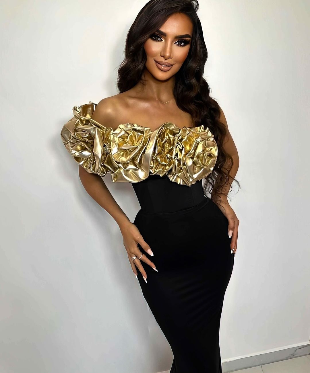 Maxct Cross Border Women Bandage Dress Evening Dress Golden Flower Slant Shoulder Dress High Purple Banquet Bandage Dress