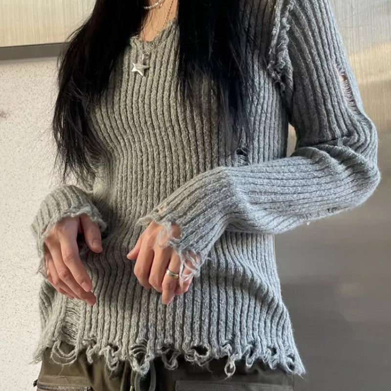Maxct 2024 Fall Fashion Ribbed Tattered V Neck Sweater