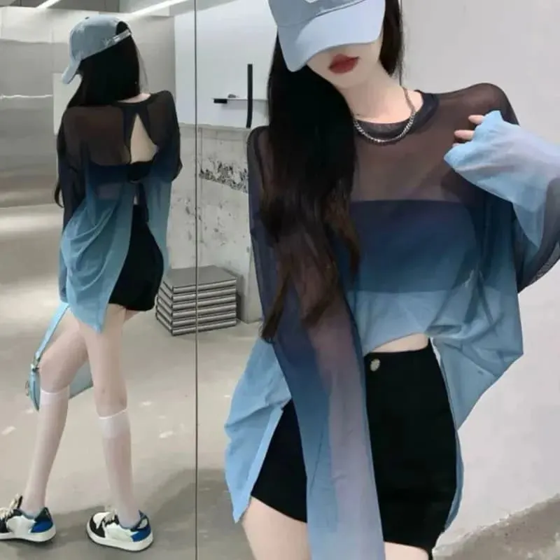 Maxct Sexy Hollow Out Backless T Shirts Women Gradient Ice Silk Loose Sunscreen Shirts Summer Gothic See Through Blouses Tops