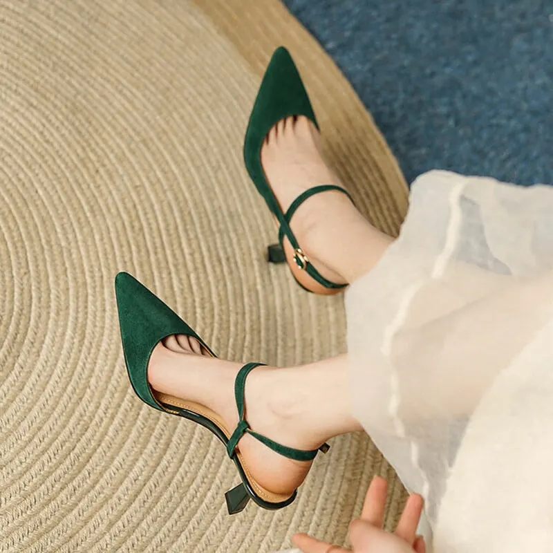 Suede Point Toe 60mm Kitty Heel Sandals Slingback Pumps Maxct