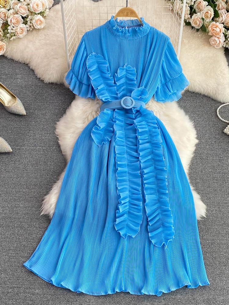 Women's Pleated Midi Dress Purple/Red/White Stand Collar Short Flare Sleeve High Waist A-Line Ruffle Party Vestidos Female