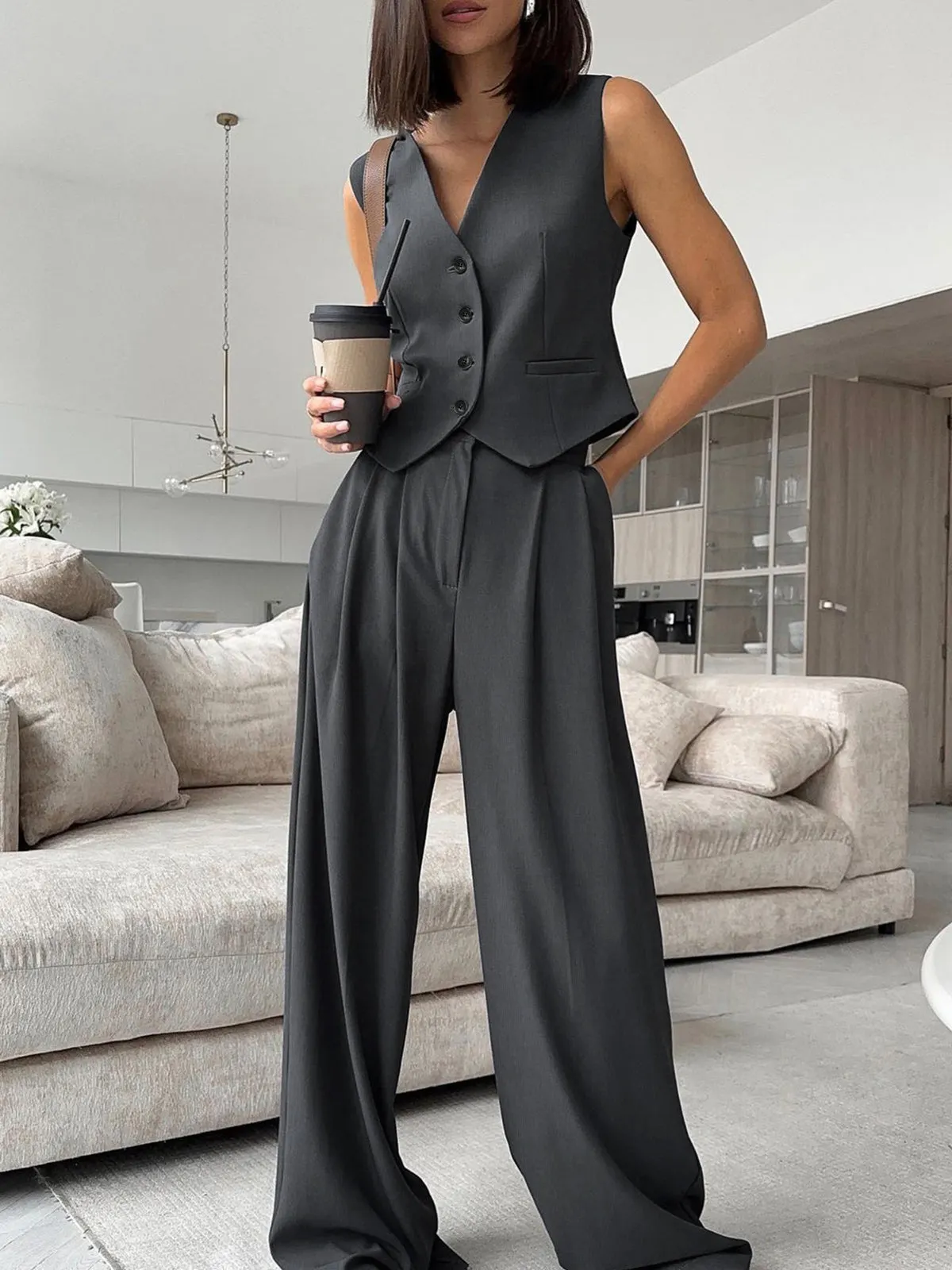 Maxct Solid V-Neck Waistcoat With Wide Leg Pants Set