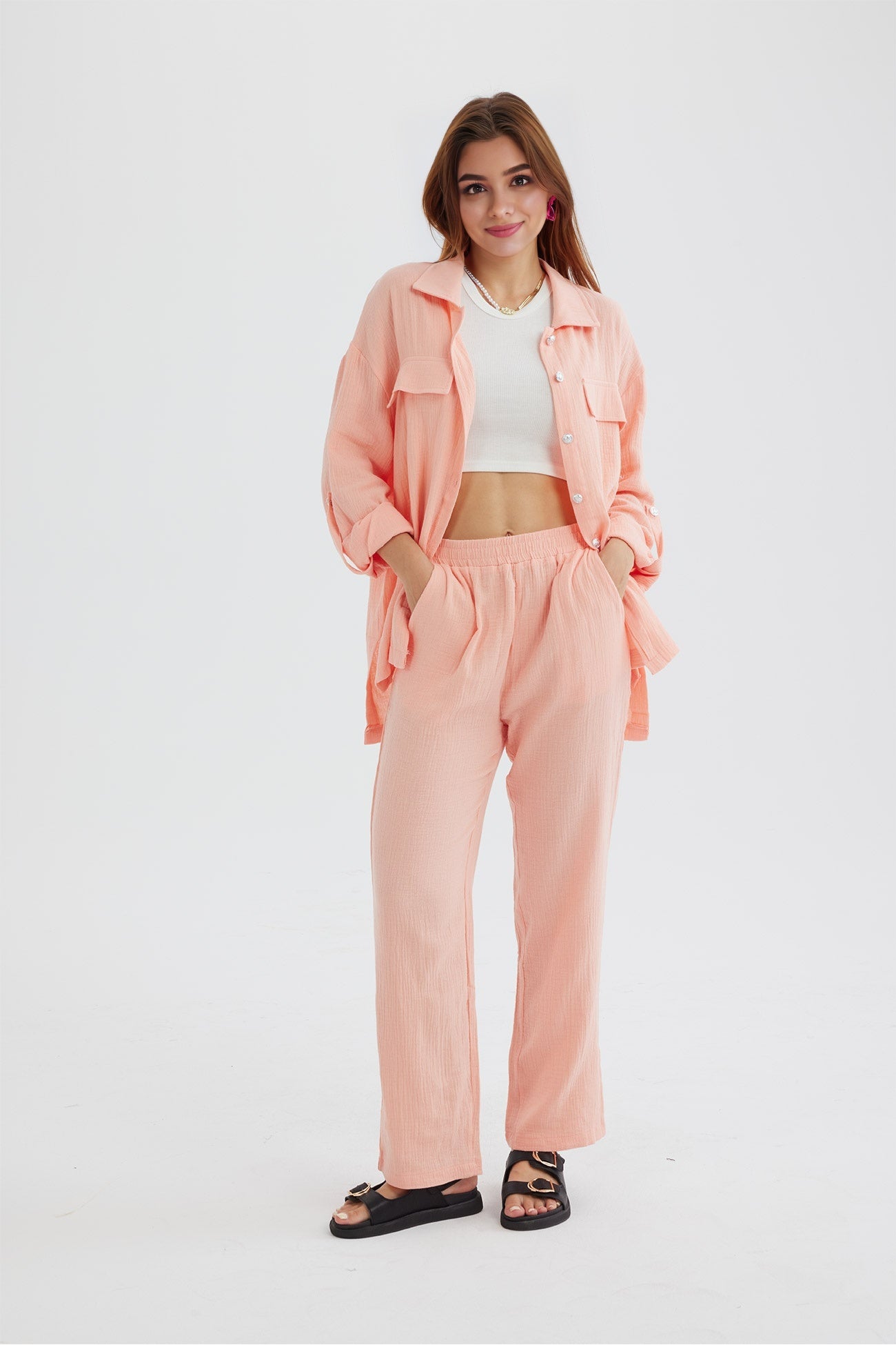 Maxct Long Sleeve Pocketed Slit Shirt Long Pants Suits