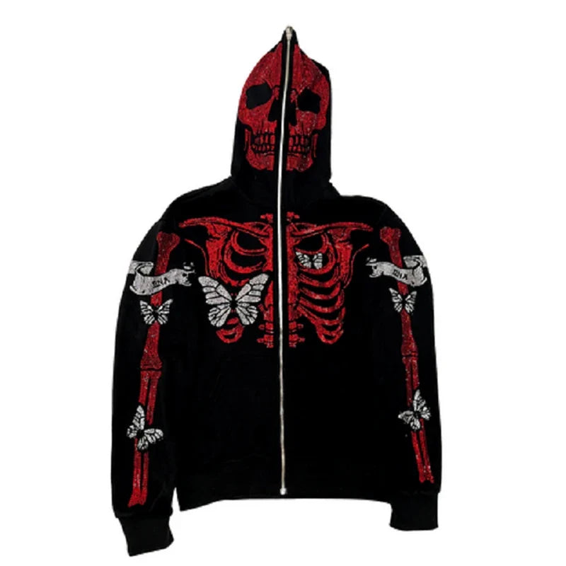 Unisex Rhinestone Skeleton & Butterfly Zip Hoodie