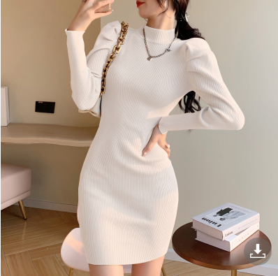 Maxct Women Knitting Full Puff Sleeve Base Sweaters Dresses Girls Slim Turtleneck Mini Sheath Knitwear Dress Real Photos