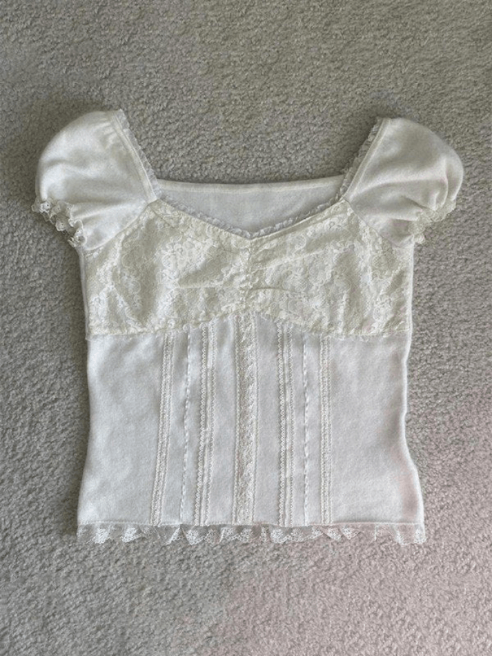 Maxct Paneled Lace White Puff Sleeve Blouse