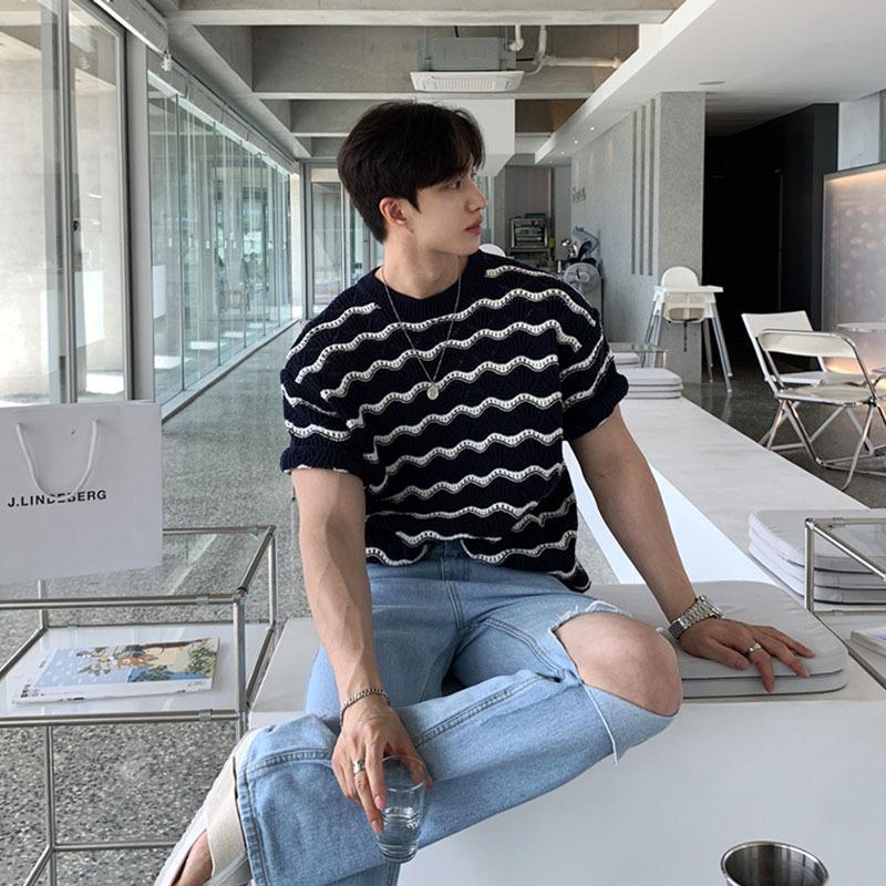 Maxct 90s Streetwear Men's T-shirt Short-sleeved Summer Trendy Brand High-grade Sense Heavy Industry Hollow Knitted Sweater Jacquard Wave Striped T-shirt Top