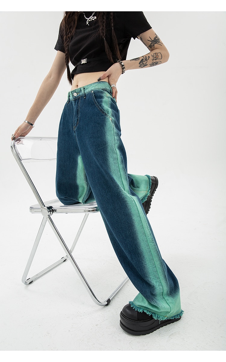 High Waist Straight Baggy Women's Jeans: Chic Design Streetwear Gradient Color Y2K Denim Wide Leg Trouser - true deals club