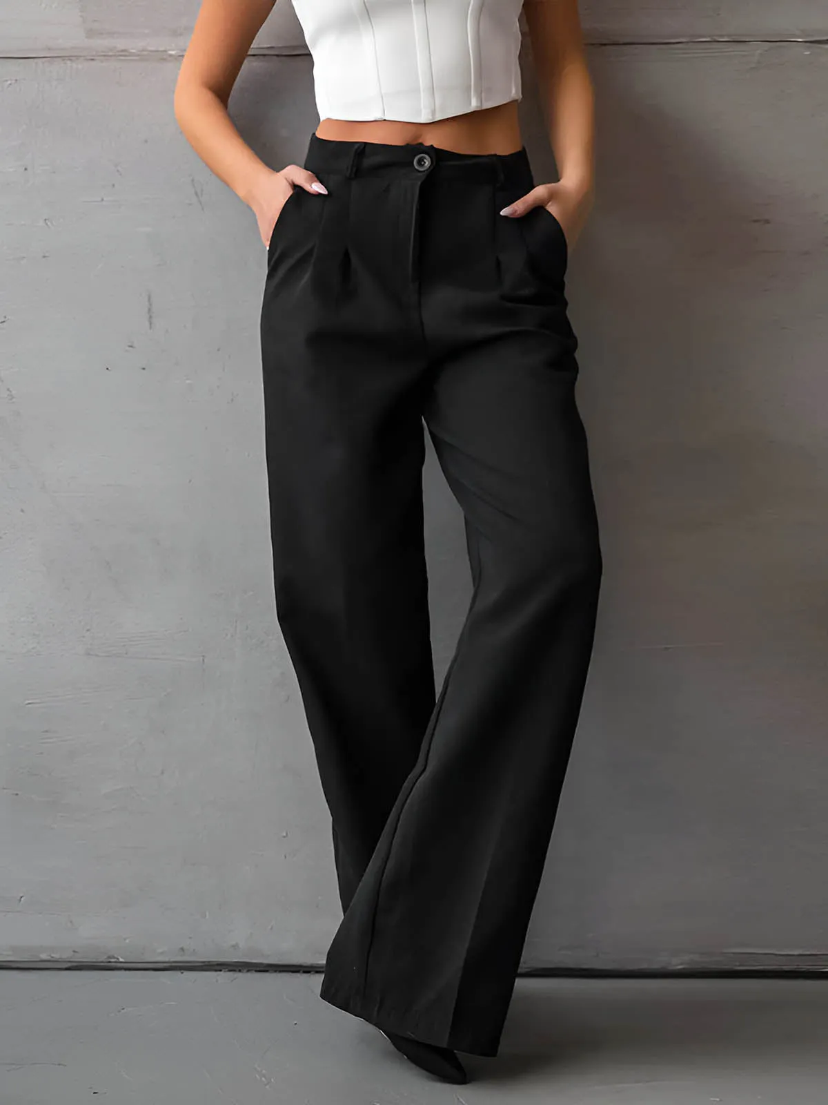 Maxct Solid Slant Pockets Flare Leg Long Pants