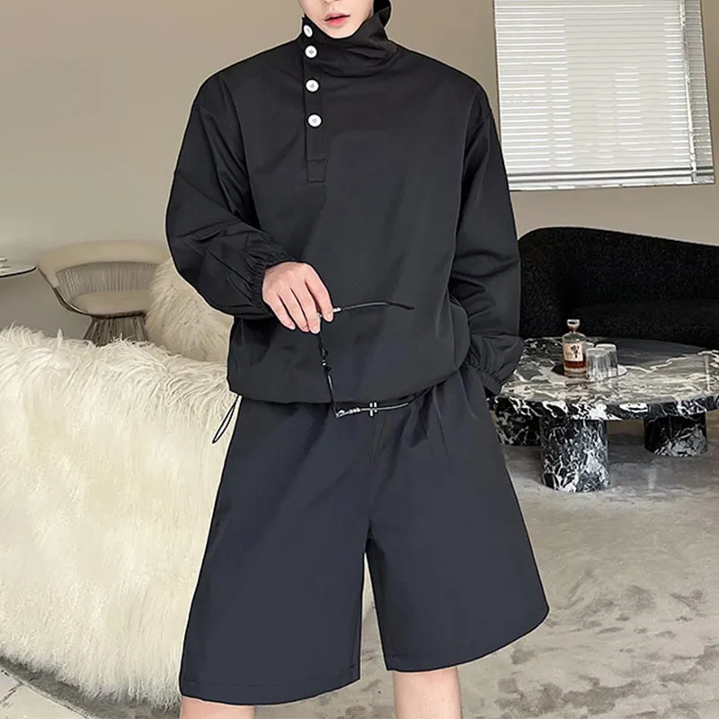 Maxct Stand Collar Side Button Tops Shorts Casual Suits