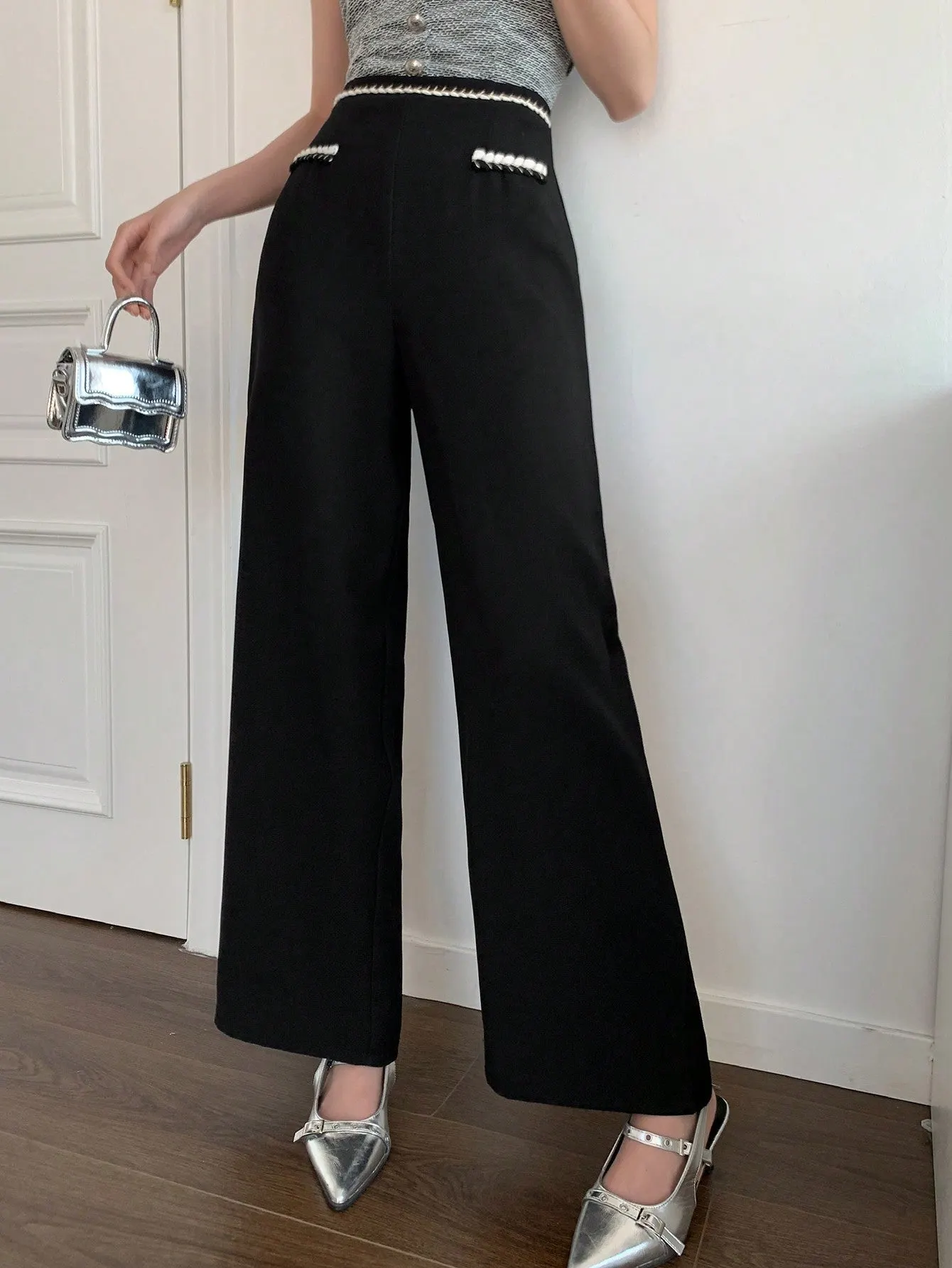 Maxct Women's Casual Woven Belt Splice Wide Leg Suit Pants