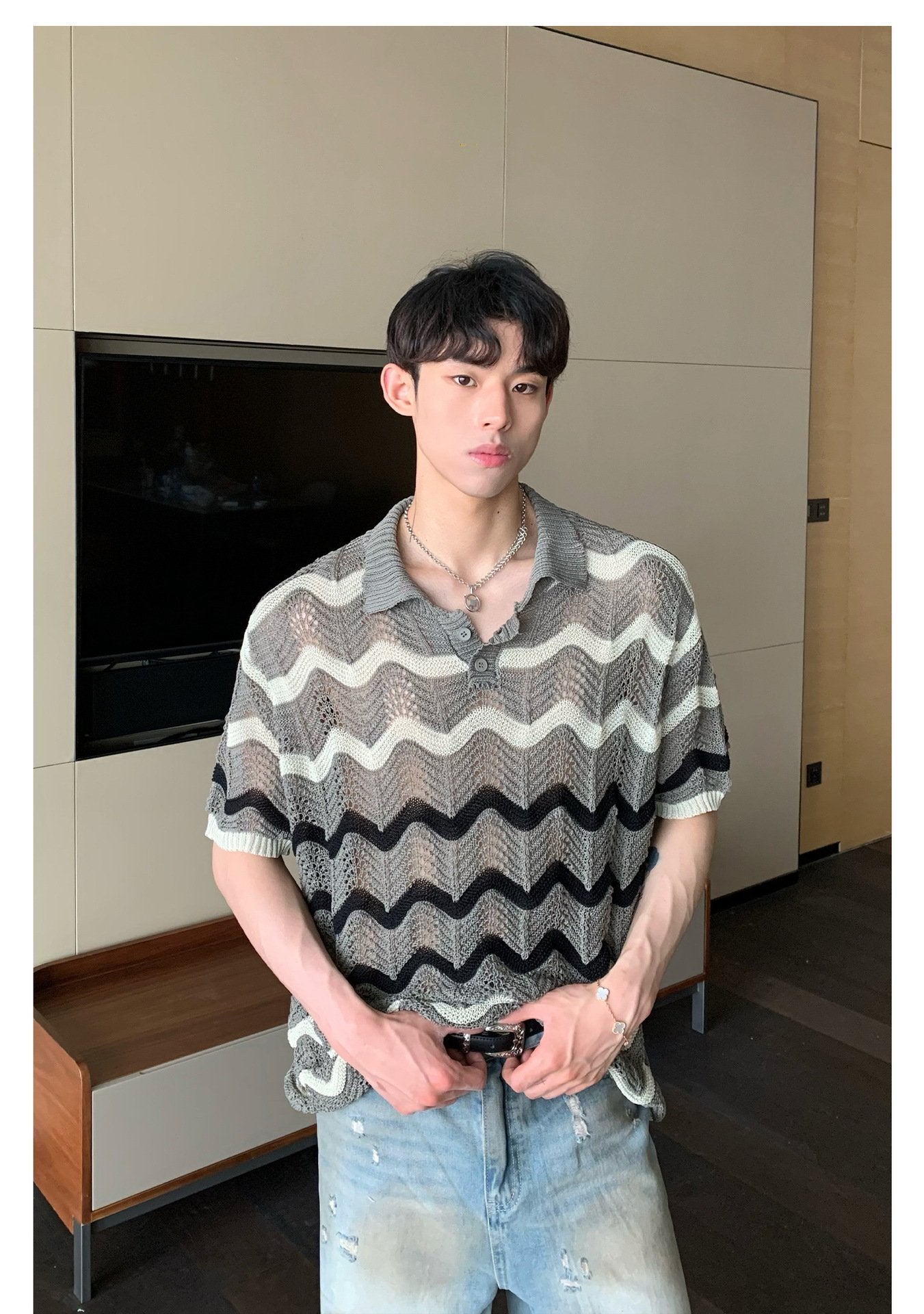 Maxct 90s Streetwear Korean Style Summer High-end Sense Hollow Color Stripe Lap Short-sleeved Niche Design POLO Shirt T-shirt Casual Top
