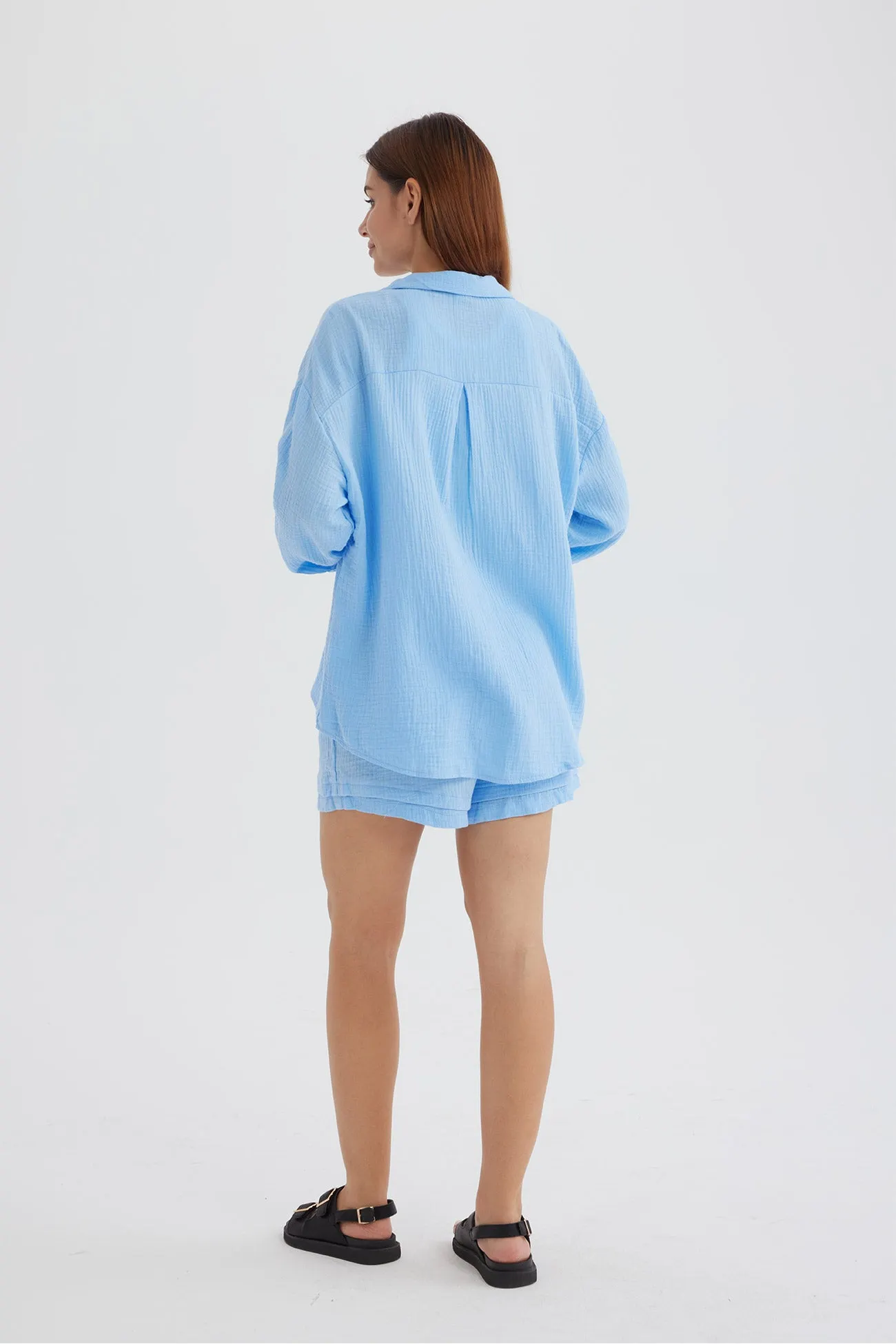 Maxct Long Sleeve Solid Color Shirt Shorts Set