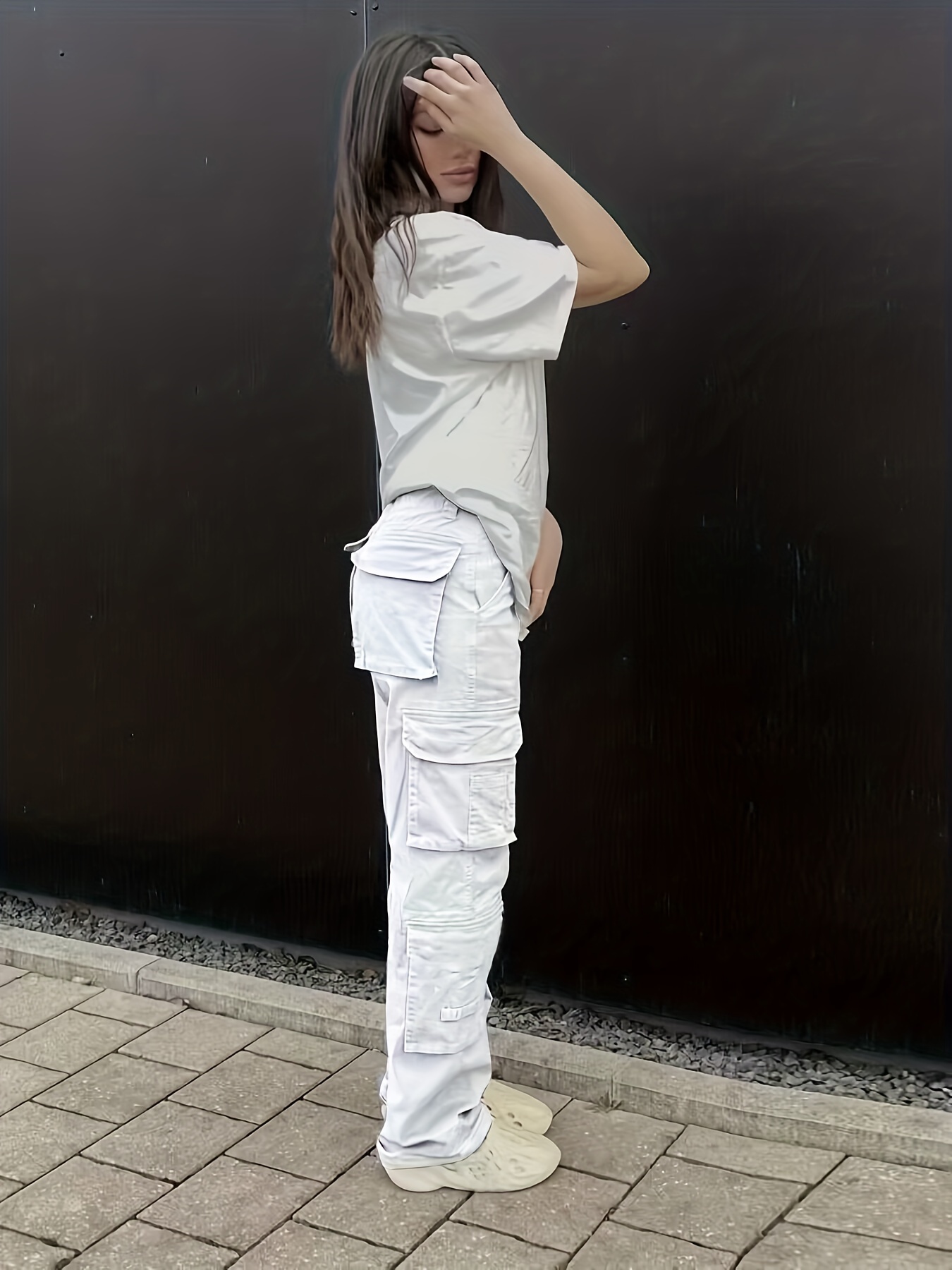 Plain High Rise Cargo Denim Pants, Loose Solid Color Retro Cargo Jeans, Street Casual Style, Women's Denim Jeans & Clothing