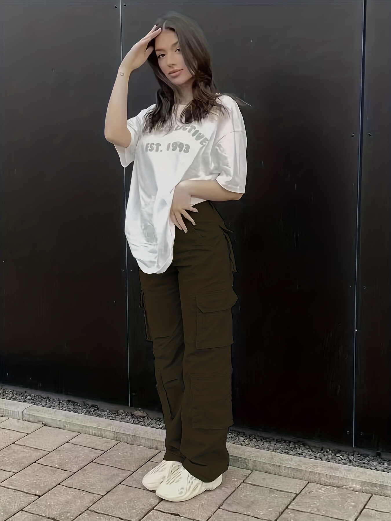 Plain High Rise Cargo Denim Pants, Loose Solid Color Retro Cargo Jeans, Street Casual Style, Women's Denim Jeans & Clothing