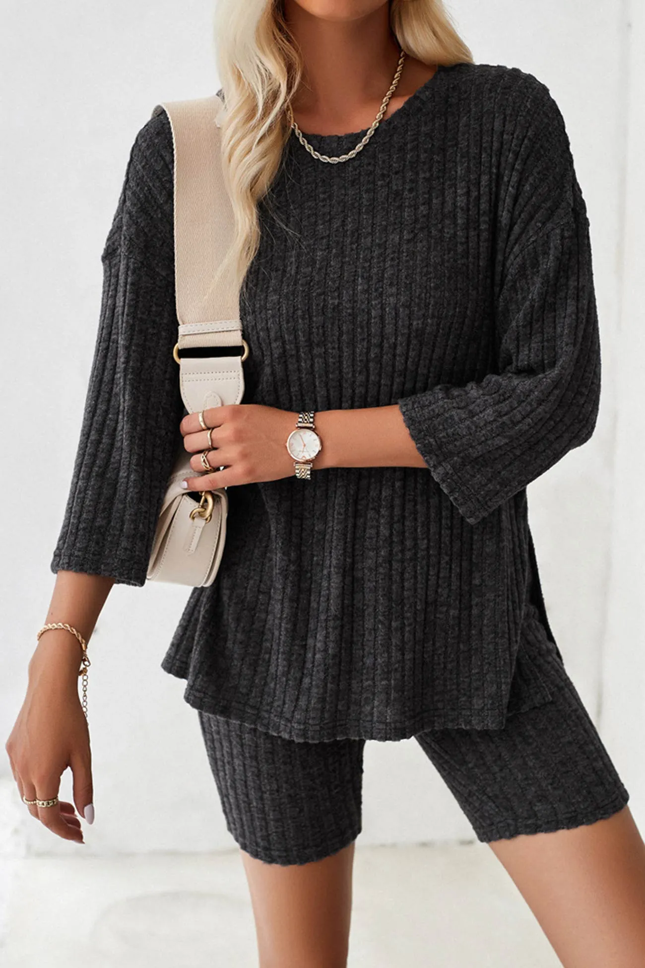 Maxct Ribbed Knit T-shirt Shorts Suits