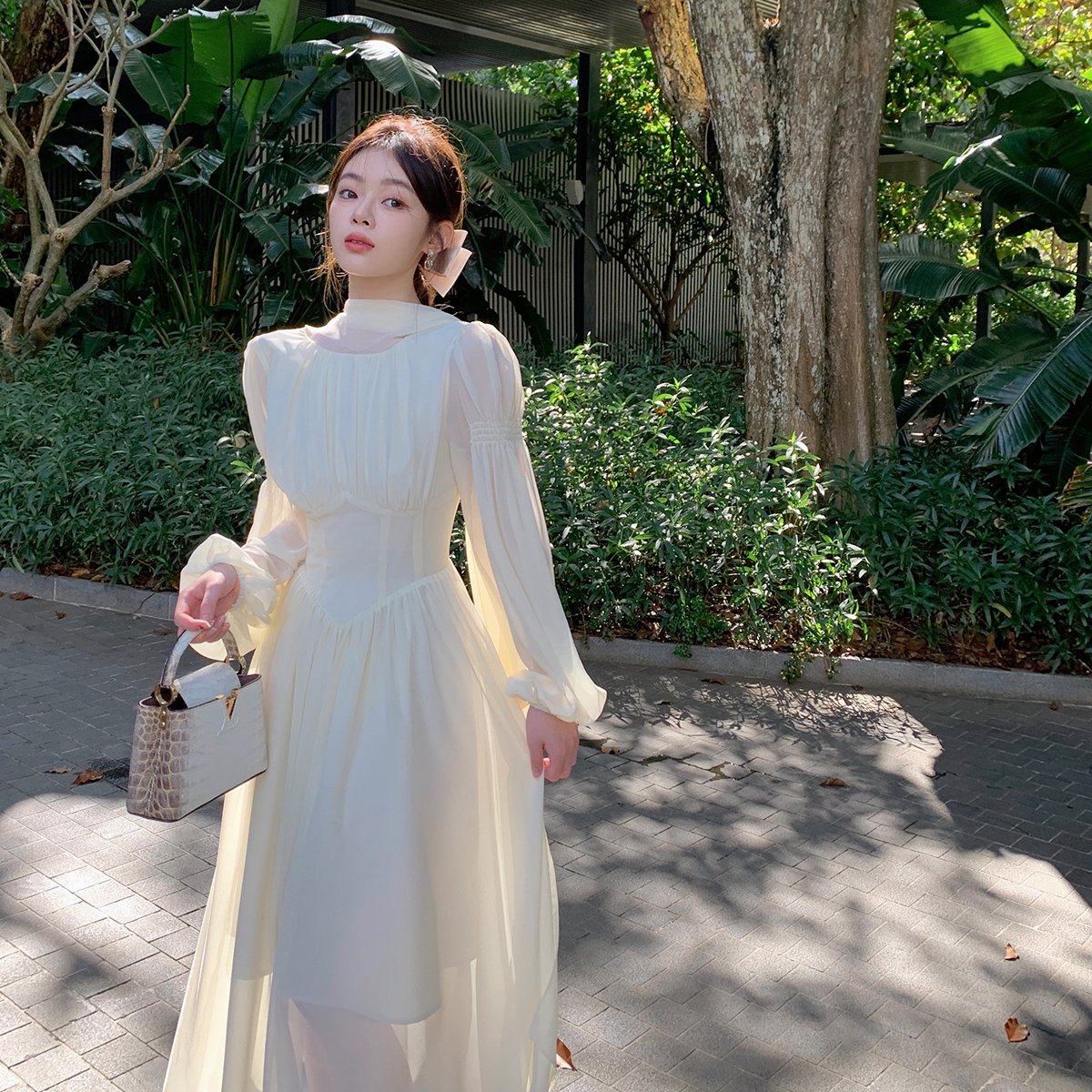Maxct French Chiffon Midi Dresses for Women Elegant Long Sleeve Slim Ruffle Dress Gentle Fairy Clothes Sweet Puffy Short Dress