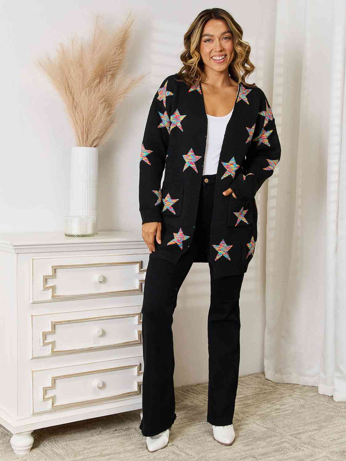 Maxct &Star Pattern Open Front Cardigan with Pockets