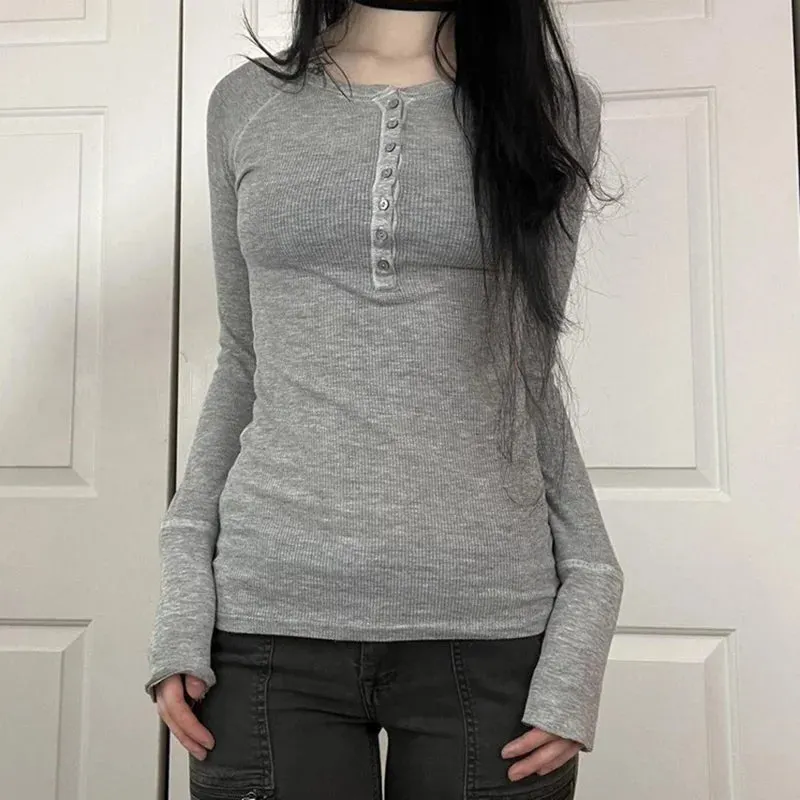 Maxct Vintage Gray Button Up Long Sleeve T-shirt Autumn Spring Ribbed Knitted Slim Fit Pullovers Tees Fairycore 00s Retro Y2K Tops