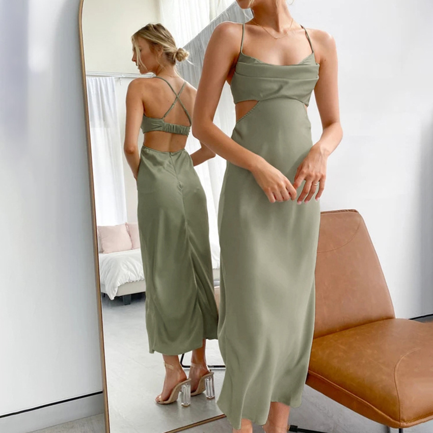 Maxct dress Summer New Satin Solid Color Sling Dress Women's Sexy Hollow Backless Inner Dress