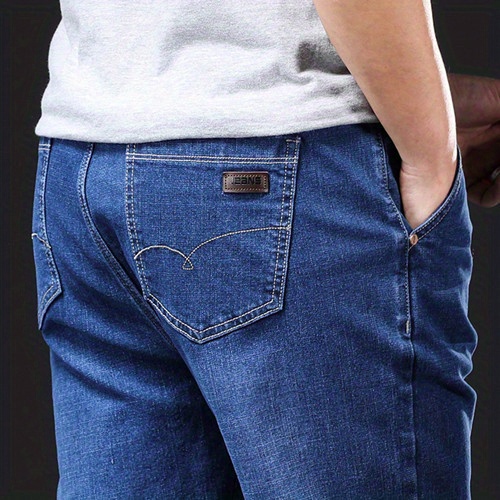 Plus Size Stretch Jeans, Men's Loose Straight Leg Denim Trousers